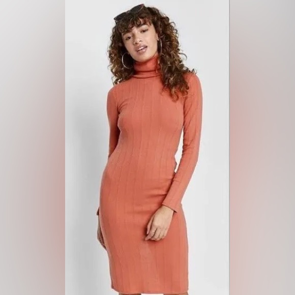 Salmon Bodycon Stretchy Ribbed Midi Dress Turtleneck Long Sleeve NWT - Picture 2 of 7